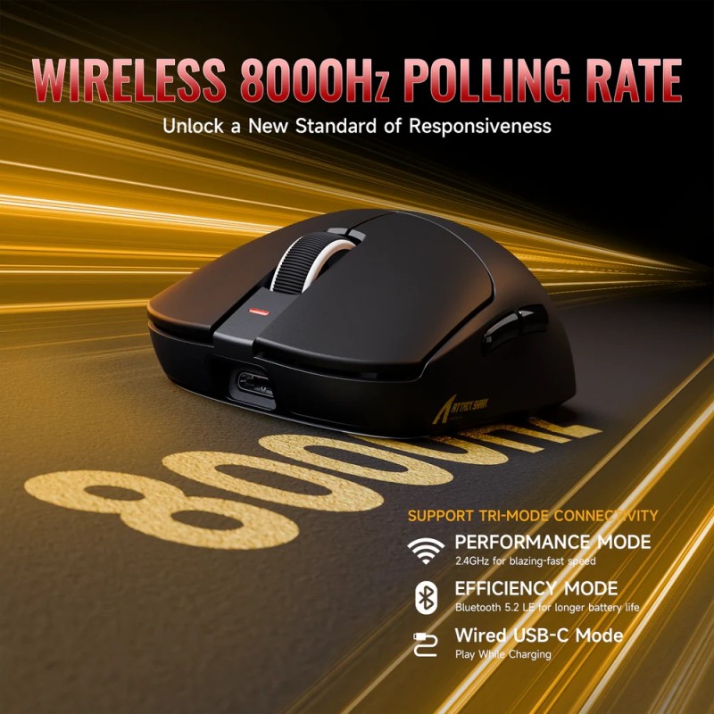 Мишка Attack Shark X8 ULTRA, Wireless/Bluetooth, 42000dpi. (PAW3950MAX), 6кн., Black