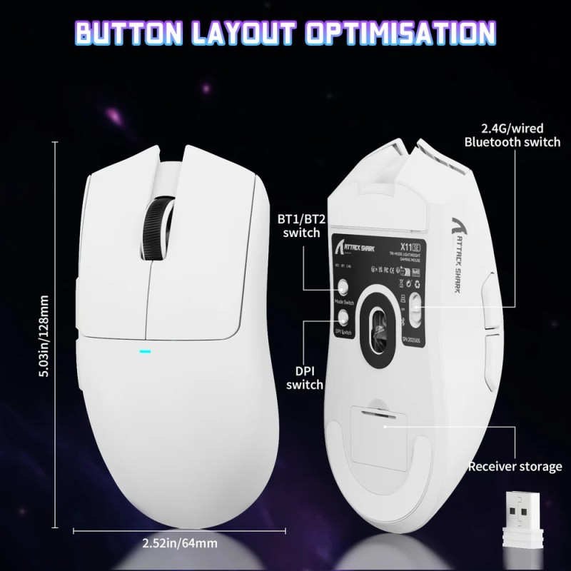 Мишка Attack Shark X11SE, Wireless/Bluetooth, 22000dpi. (PAW3311), 6кн., White
