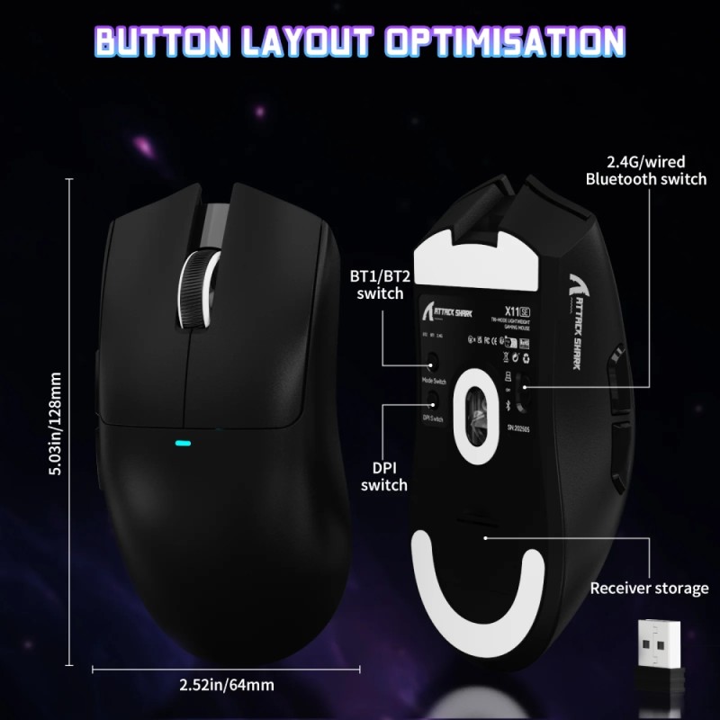 Мишка Attack Shark X11SE, Wireless//Bluetooth, 22000dpi. (PAW3311), 6кн., Black Мишка Attack Shark X11SE, Wireless//Bluetooth, 22000dpi. (PAW3311), 6кн., Black