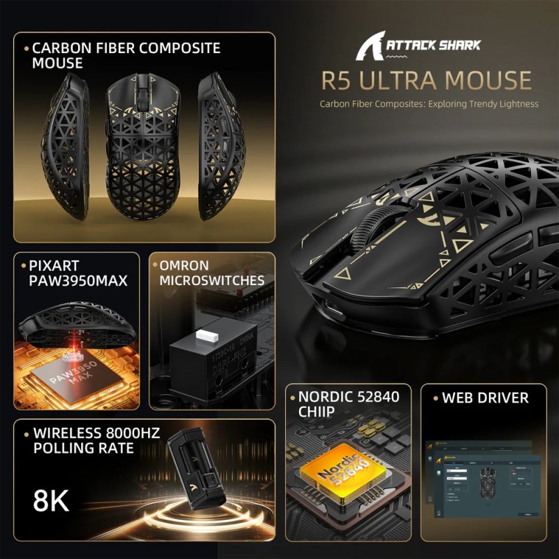 Мишка Attack Shark R5 Ultra, Wireless, PAW3950MAX сенсор, 42000dpi., 6кн., Black