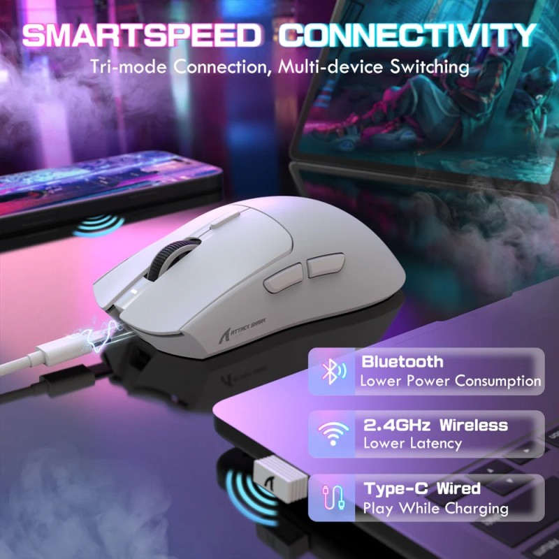 Мишка Attack Shark X1, Wireless/Bluetooth, 40000dpi. (PAW3395PRO), 6кн., White Мишка Attack Shark X1, Wireless/Bluetooth, 40000dpi. (PAW3395PRO), 6кн., White