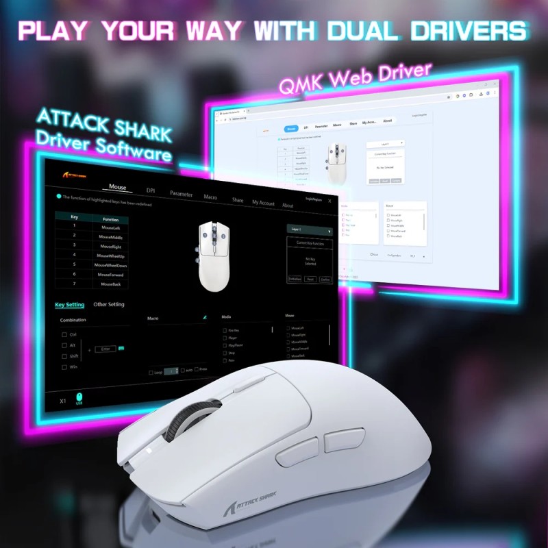 Мишка Attack Shark X1, Wireless/Bluetooth, 40000dpi. (PAW3395PRO), 6кн., White Мишка Attack Shark X1, Wireless/Bluetooth, 40000dpi. (PAW3395PRO), 6кн., White