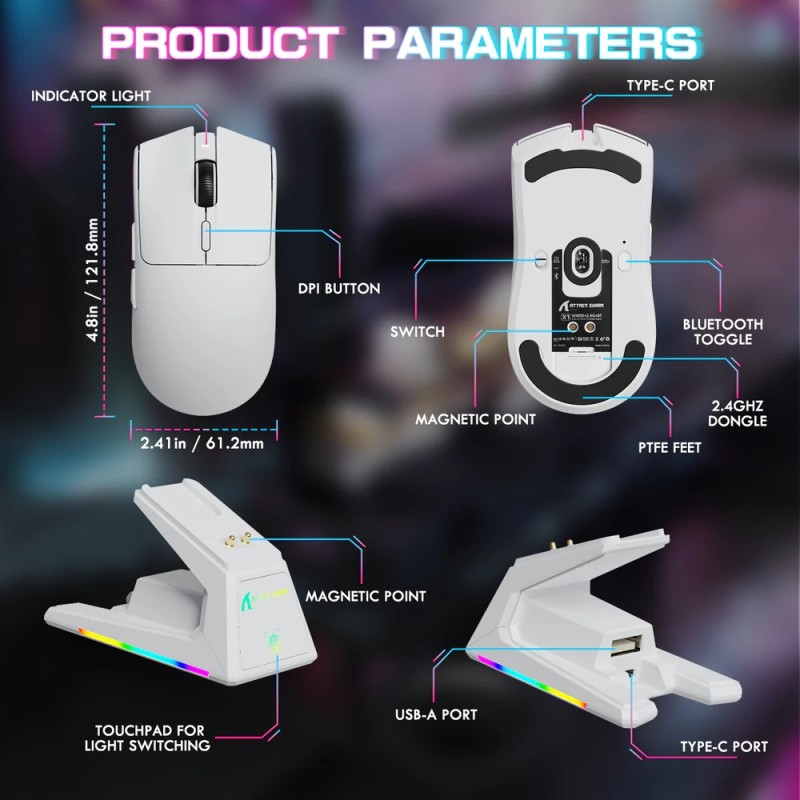 Мишка Attack Shark X1, Wireless/Bluetooth, 40000dpi. (PAW3395PRO), 6кн., White Мишка Attack Shark X1, Wireless/Bluetooth, 40000dpi. (PAW3395PRO), 6кн., White