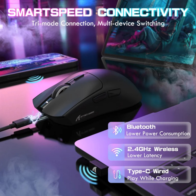 Мишка Attack Shark X1, Wireless/Bluetooth, 40000dpi. (PAW3395PRO), 6кн., Black Мишка Attack Shark X1, Wireless/Bluetooth, 40000dpi. (PAW3395PRO), 6кн., Black