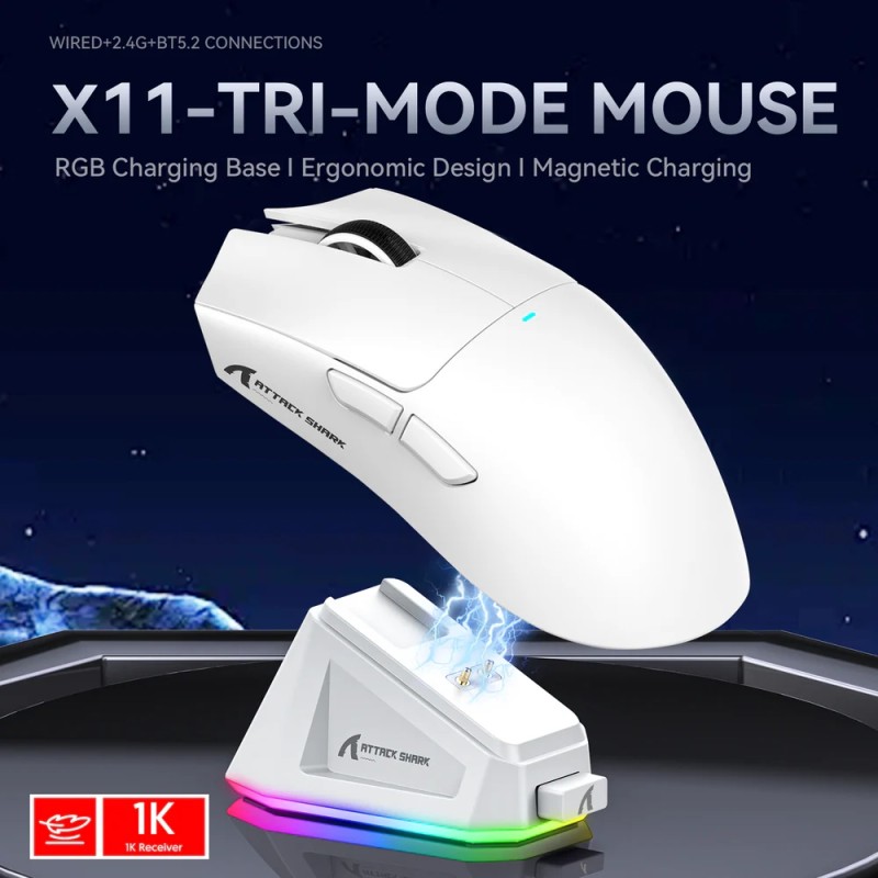 Мишка Attack Shark X11, Wireless/Bluetooth, 22000dpi. (PAW3311), 6кн., White