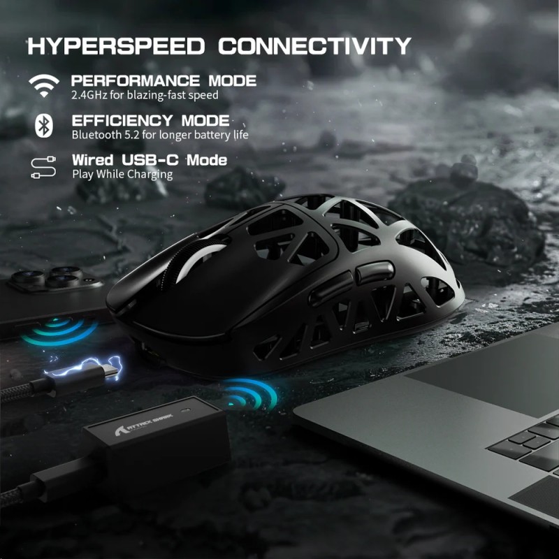 Мишка Attack Shark R2, Wireless/Bluetooth, 42000dpi, (PAW3950), 6кн., Black