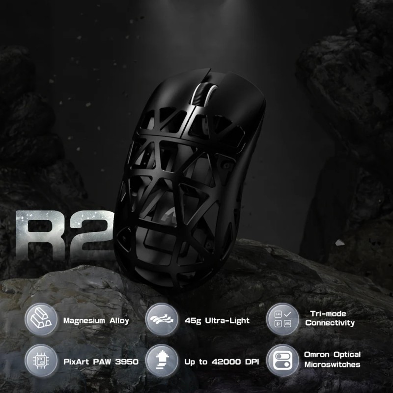 Мишка Attack Shark R2, Wireless/Bluetooth, 42000dpi, (PAW3950), 6кн., Black