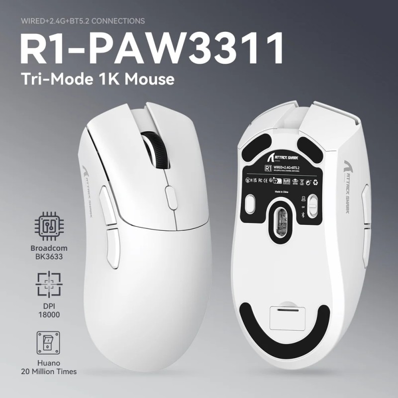 Мишка Attack Shark R1, Wireless/Bluetooth, 18000dpi, (PAW3311), 6кн., White