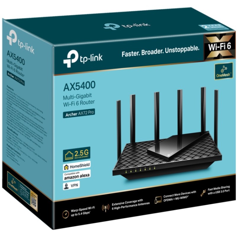 Маршрутизатор TP-Link Archer AX72 Pro, AX5400, 3xGE LAN, 1x2.5GE WAN/LAN, 1xGE WAN/LAN, 1xUSB 3.0, M