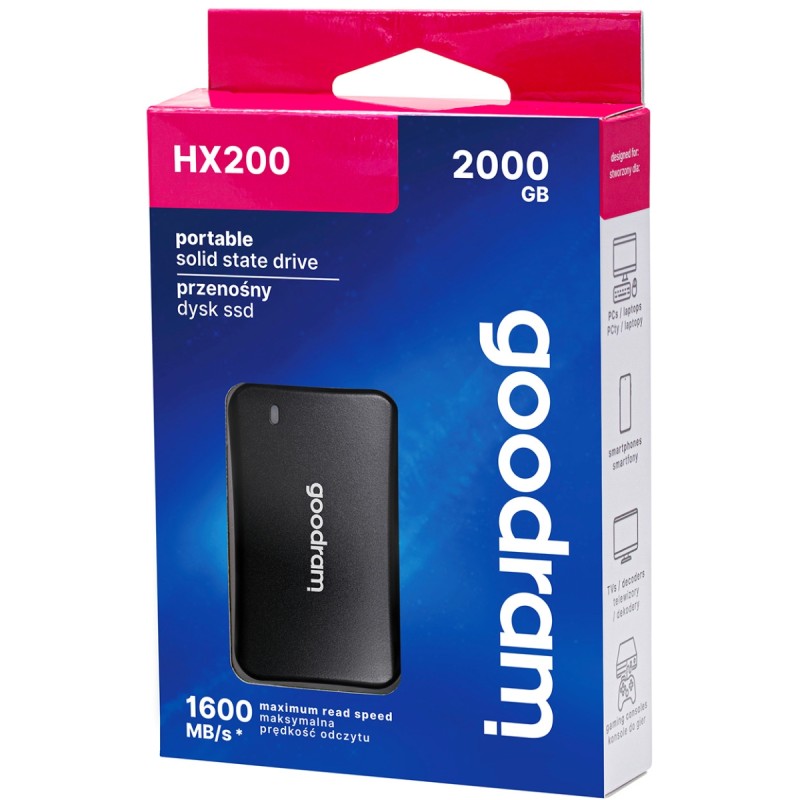 SSD external, USB 3.2 Gen2 Type-C 2Tb, GoodRAM HX200, 2x Type-C, Black, чорний, Retail