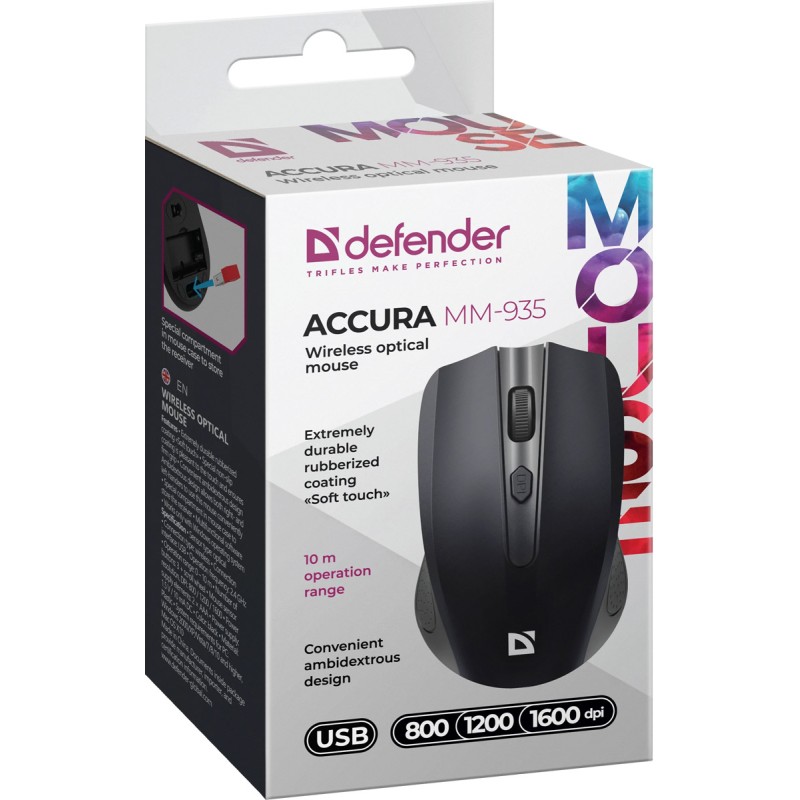 Мишка Defender Accura MM-935 бездротова, 4 кн. до 1600 dpi, чорна