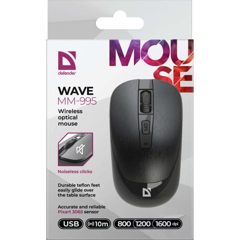 Мишка Defender Wave MM-995, бездротова, 4 кн. до 1600 dpi, безшумна, чорна