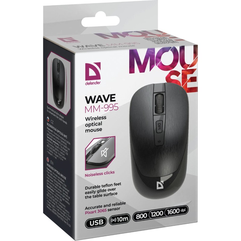 Мишка Defender Wave MM-995, бездротова, 4 кн. до 1600 dpi, безшумна, чорна