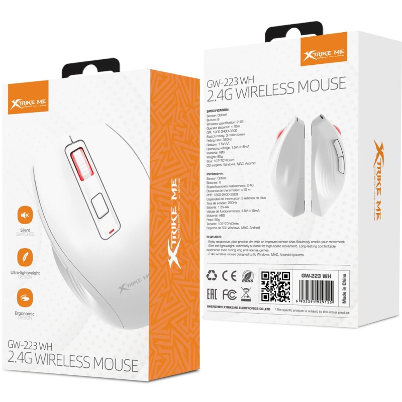 Мишка XTRIKE ME GW-223, бездротова 2,4Ггц 3200dpi., 6кн. Silent, біла