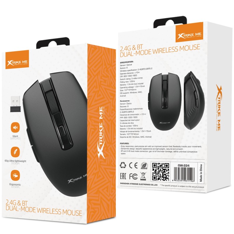 Мишка XTRIKE ME GW-224, бездротова Bluetooth+2.4G 1600dpi., 6кн., Silent, чорна