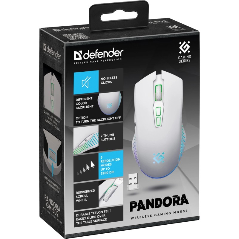 Мишка Defender Pandora GM-502, бездротова, ігрова, 7кн., 3200 dpi., 500 mAh, біла Мишка Defender Pandora GM-502, бездротова, ігрова, 7кн., 3200 dpi., 500 mAh, біла
