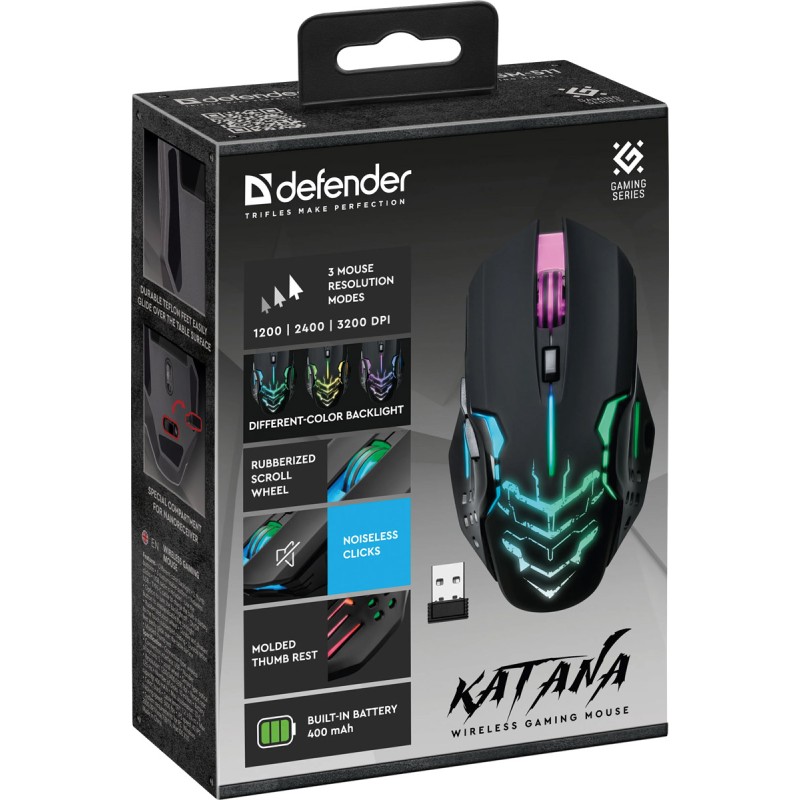 Мишка Defender Katana GM-511, бездротова, ігрова, 6кн., 3200 dpi., 400 mAh, чорна