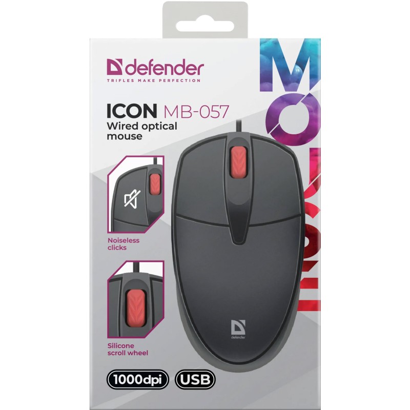 Мишка Defender Icon MB-057, 3кн.,1000 dpi, безшумна, чорна