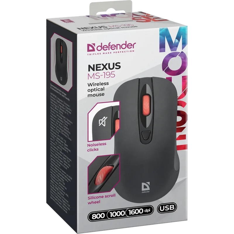 Мишка Defender Nexus MS-195 бездротова, 4 кн. до 1600 dpi, безшумна, чорна