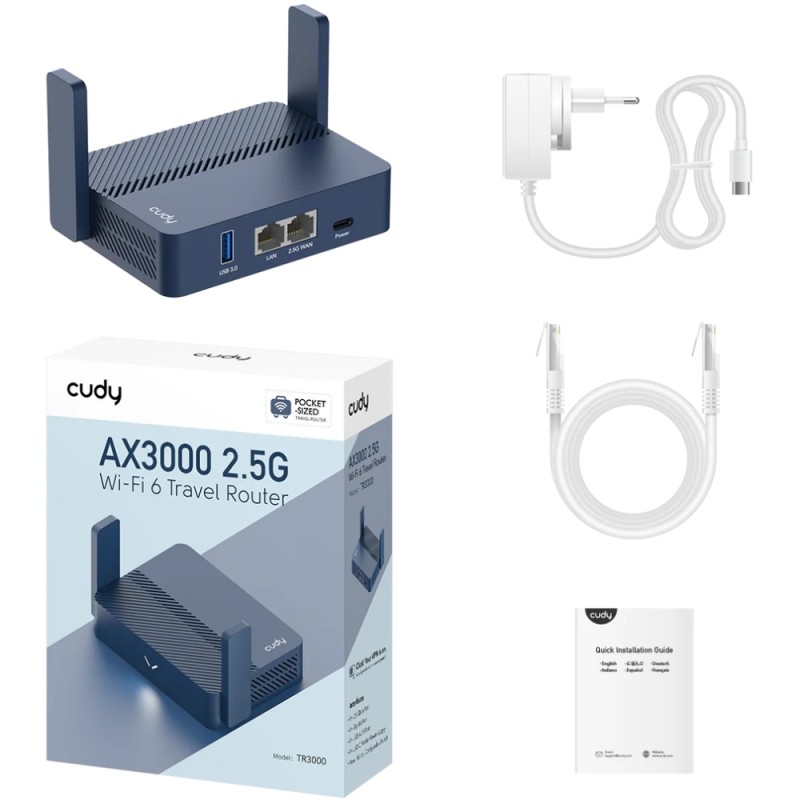 Маршрутизатор Cudy TR3000, AX3000 2.5G Wi-Fi 6 Router w USB, 2×1000Mbps RJ45, USB Type-C power in. Маршрутизатор Cudy TR3000, AX3000 2.5G Wi-Fi 6 Router w USB, 2×1000Mbps RJ45, USB Type-C power in.