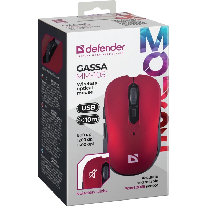 Мишка Defender Gassa MM-105, бездротова, 6 кн., 1600 dpi, безшумна червона