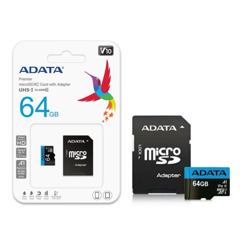microSDXC (UHS-1) A-DATA Premier 64Gb Class 10 A1 (R-100Mb/s) (adapter SD)