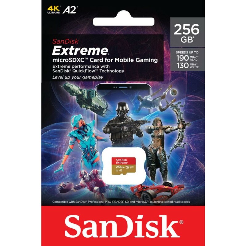 microSDXC (UHS-1 U3) SanDisk Extreme For Mobile Gaming A2 256Gb class 10 V30 (R190MB/s,W130MB/s)