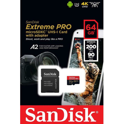 microSDXC (UHS-1 U3) SanDisk Extreme Pro A2 64Gb class 10 V30 (R200MB/s,W90MB/s) (adapter)