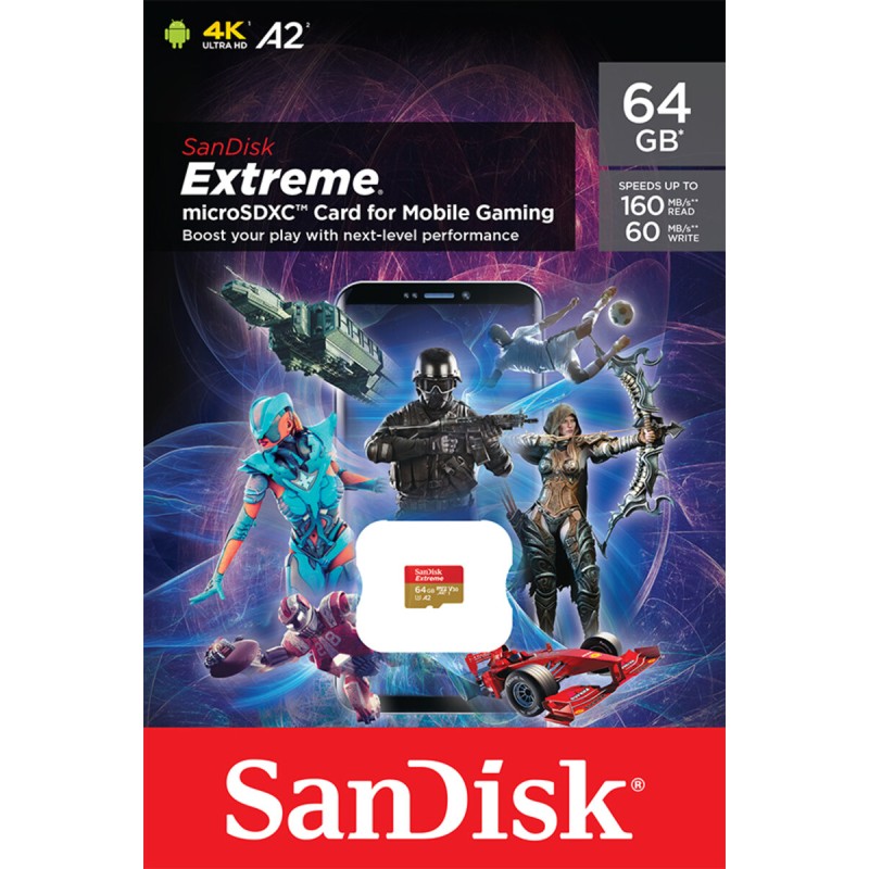 microSDXC (UHS-1 U3) SanDisk Extreme For Mobile Gaming A2 64Gb class 10 V30 (R170MB/s,W80MB/s)