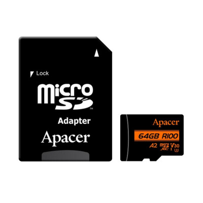 microSDXC (UHS-1 U3) Apacer A2 64Gb class 10 V30 (R100MB/s, W80MB/s) (adapter SD)