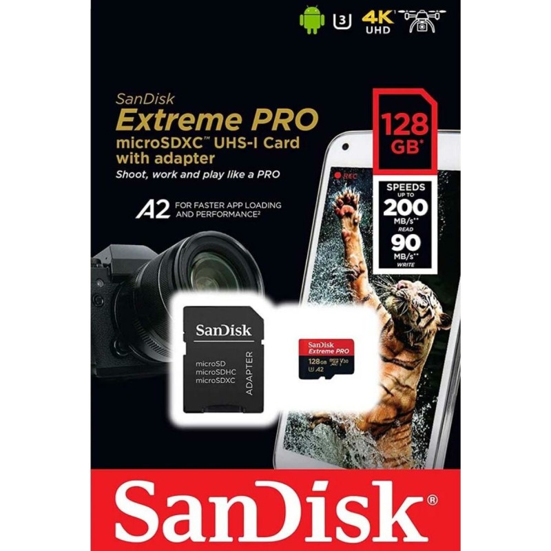 microSDXC (UHS-1 U3) SanDisk Extreme Pro A2 128Gb Class 10 V30 (R200MB/s, W90MB/s) (adapter)