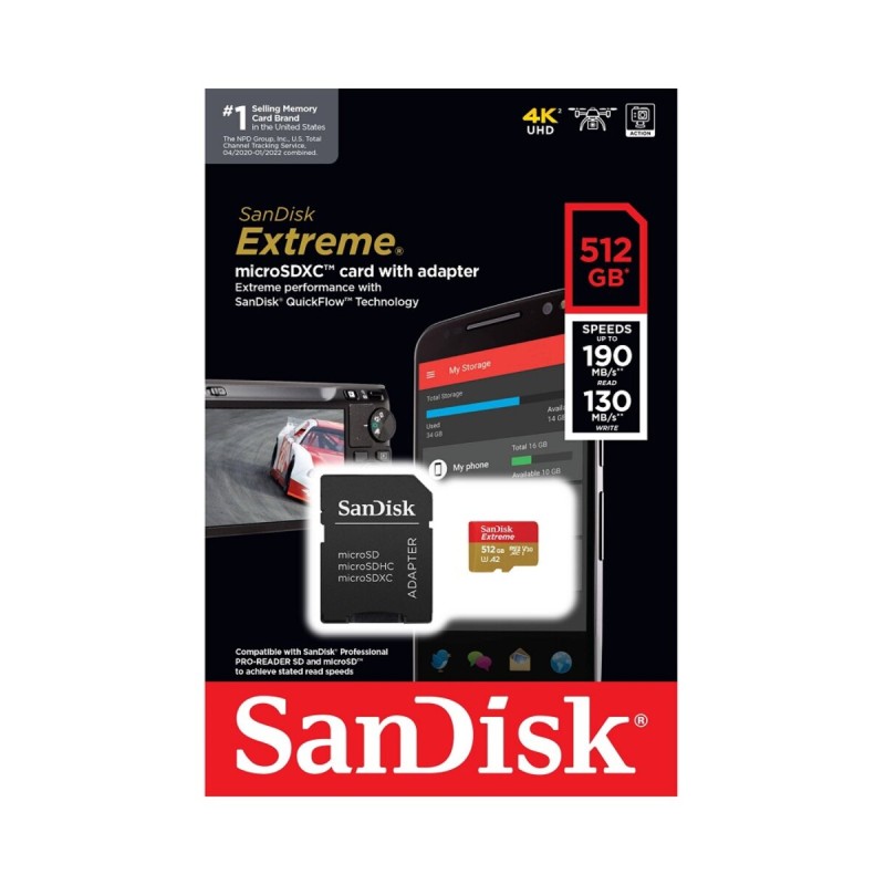 microSDXC (UHS-1 U3) SanDisk Extreme A2 512Gb class 10 V30 (R190MB/s, W130MB/s) (adapter SD)