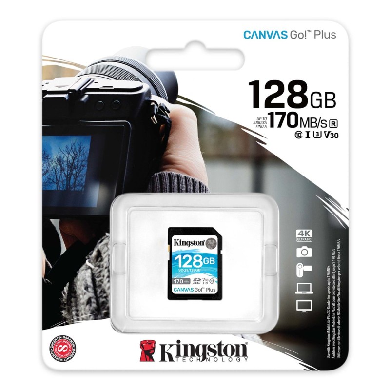 SDXC (UHS-1 U3) Kingston Canvas Go Plus 128Gb Class 10 V30 (R170MB/s, W90MB/s)