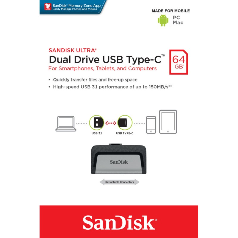Flash SanDisk USB 3.1 Ultra Dual Type-C 64Gb (150 Mb/s)
