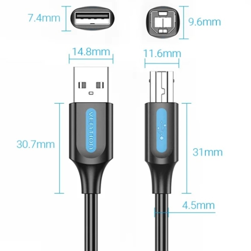 Кабель USB AM-BM (кабель для принтера) Vention COQBG 1,5 м, чорний Кабель USB AM-BM (кабель для принтера) Vention COQBG 1,5 м, чорний