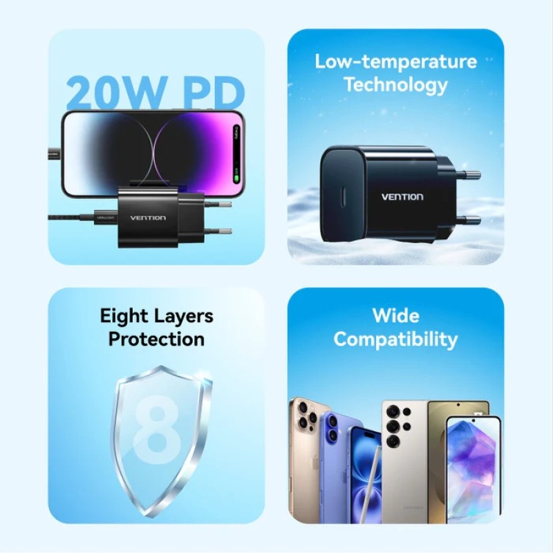 Мережевий зарядний пристрій (зарядка) Vention 20 Вт з кабелем USB-C—Lightning Мережевий зарядний пристрій (зарядка) Vention 20 Вт з кабелем USB-C—Lightning