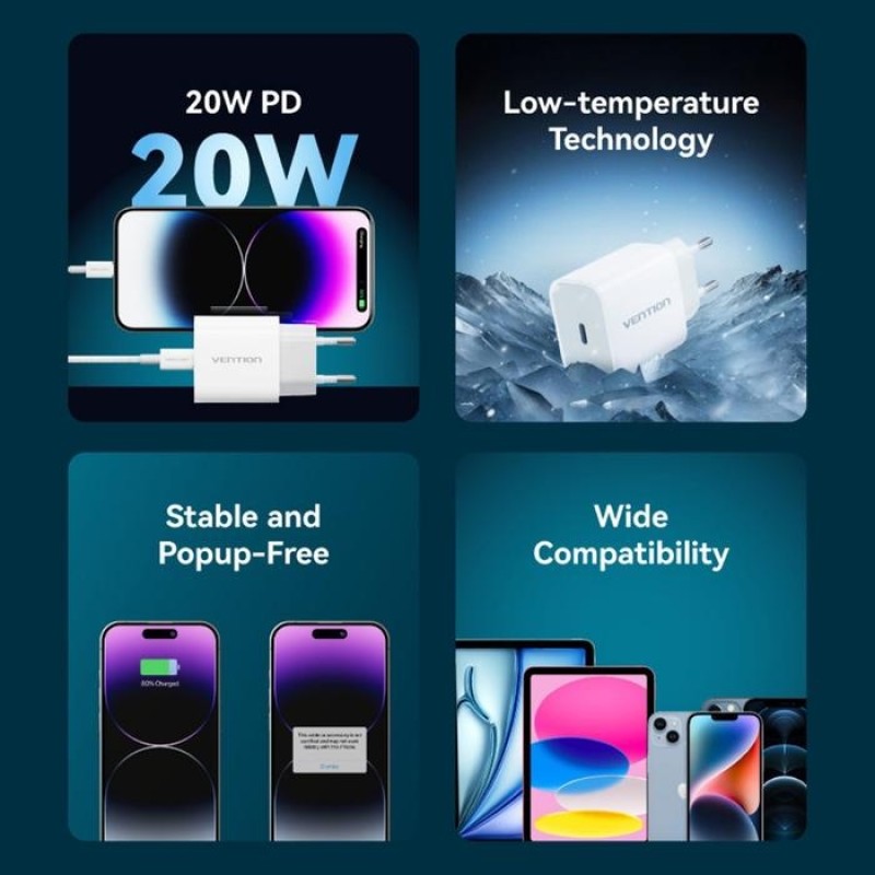 Мережевий зарядний пристрій (зарядка) Vention 20 Вт з кабелем USB-C—Lightning Мережевий зарядний пристрій (зарядка) Vention 20 Вт з кабелем USB-C—Lightning