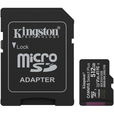 Memory card microSDXC 512GB Kingston Canvas Select Plus Gen3 C10 A1, Retail + adapter Memory card microSDXC 512GB Kingston Canvas Select Plus Gen3 C10 A1, Retail + adapter