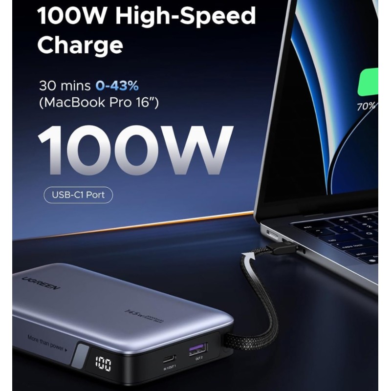 УМБ Ugreen 20000mAh 145W PD3.1.QC, USB-A,USB-С IN/OUT, with built in USB-C cable (PB551) Gray