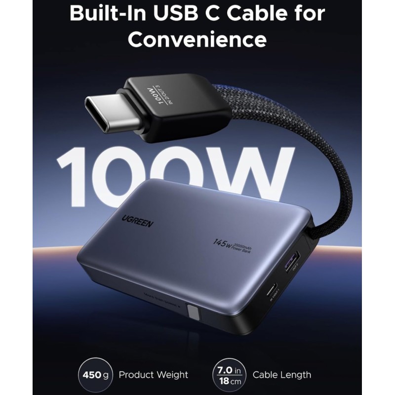 УМБ Ugreen 20000mAh 145W PD3.1.QC, USB-A,USB-С IN/OUT, with built in USB-C cable (PB551) Gray