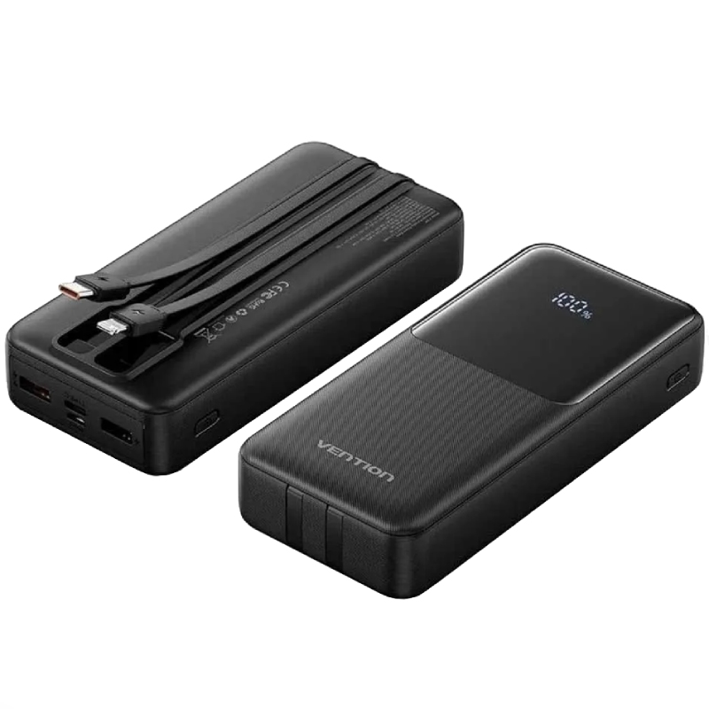 УМБ Vention 20000mAh 22.5W PD, Micro-USB/USB-C/2xUSB-A, built-in USB-C+Lightning Cables Black