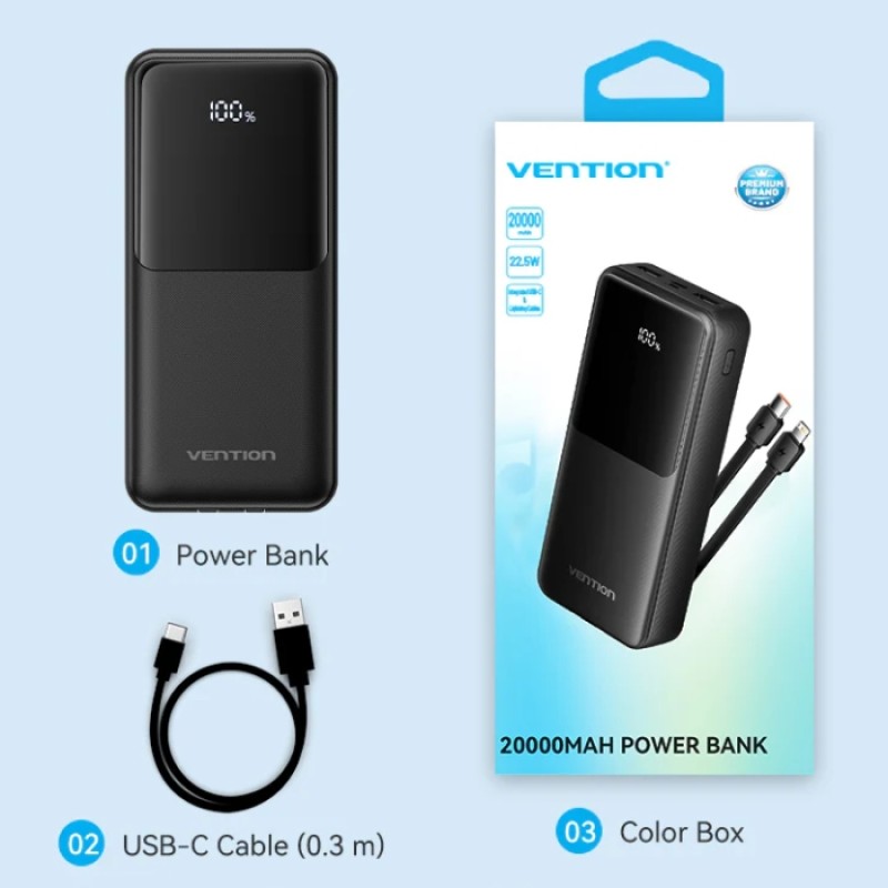 УМБ Vention 20000mAh 22.5W PD, Micro-USB/USB-C/2xUSB-A, built-in USB-C+Lightning Cables Black