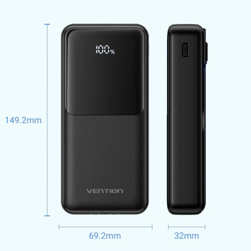 УМБ Vention 20000mAh 22.5W PD, Micro-USB/USB-C/2xUSB-A, built-in USB-C+Lightning Cables Black