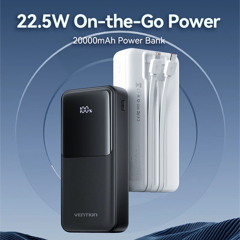 УМБ Vention 20000mAh 22.5W PD, Micro-USB/USB-C/2xUSB-A, built-in USB-C+Lightning Cables Black