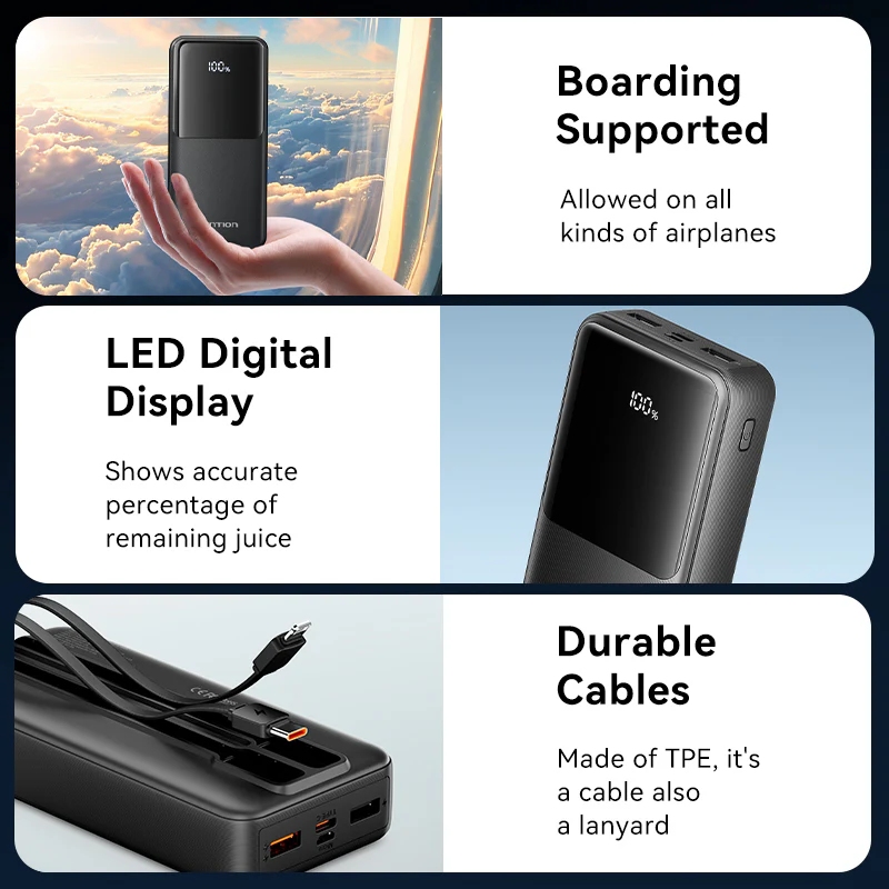 УМБ Vention 20000mAh 22.5W PD, Micro-USB/USB-C/2xUSB-A, built-in USB-C+Lightning Cables Black