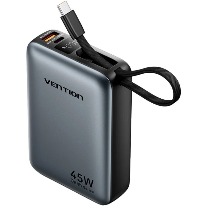 УМБ Vention 20000mAh 45W PD3.1, USB-A, USB-C In/Out, with Built-in USB-C cable Gray