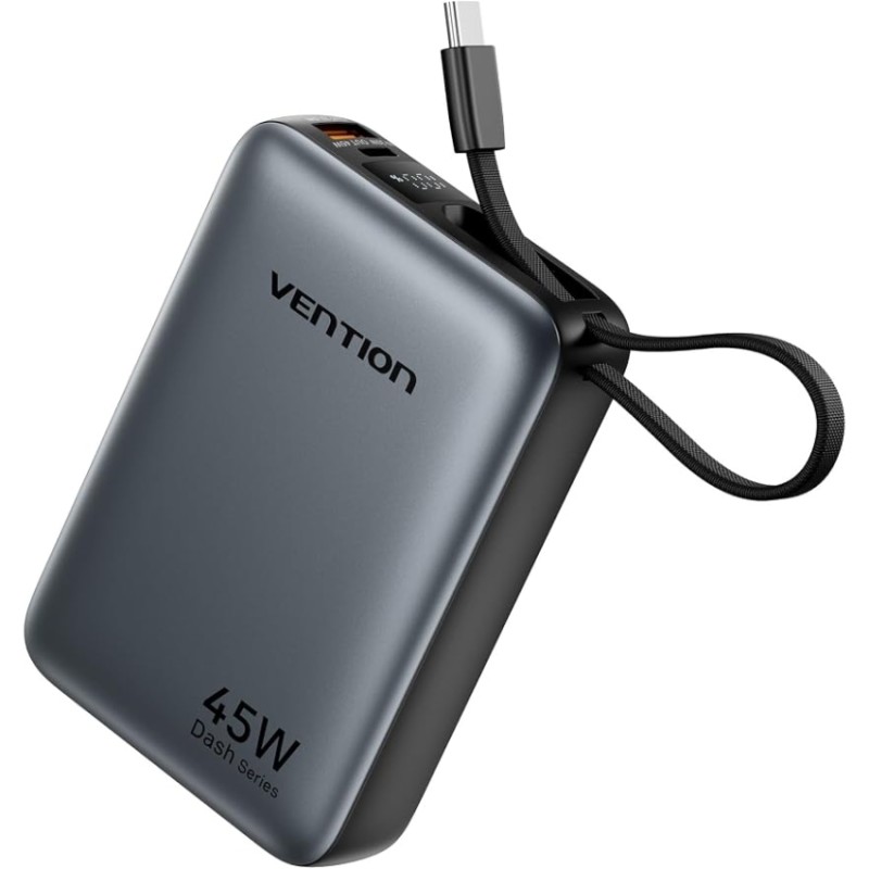 УМБ Vention 20000mAh 45W PD3.1, USB-A, USB-C In/Out, with Built-in USB-C cable Gray