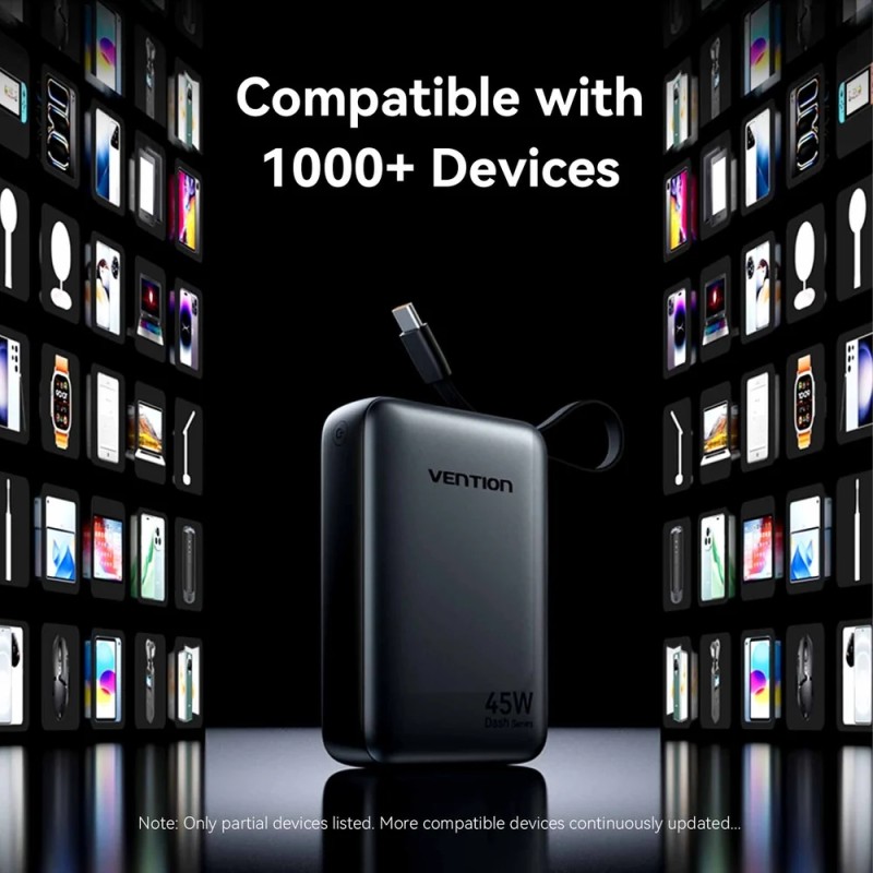 УМБ Vention 20000mAh 45W PD3.1, USB-A, USB-C In/Out, with Built-in USB-C cable Gray