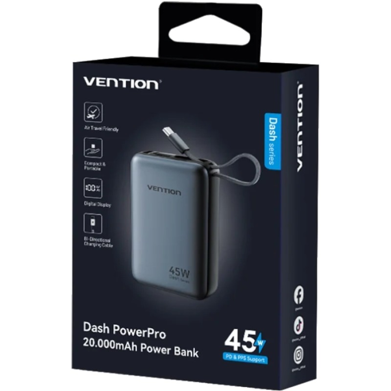 УМБ Vention 20000mAh 45W PD3.1, USB-A, USB-C In/Out, with Built-in USB-C cable Gray