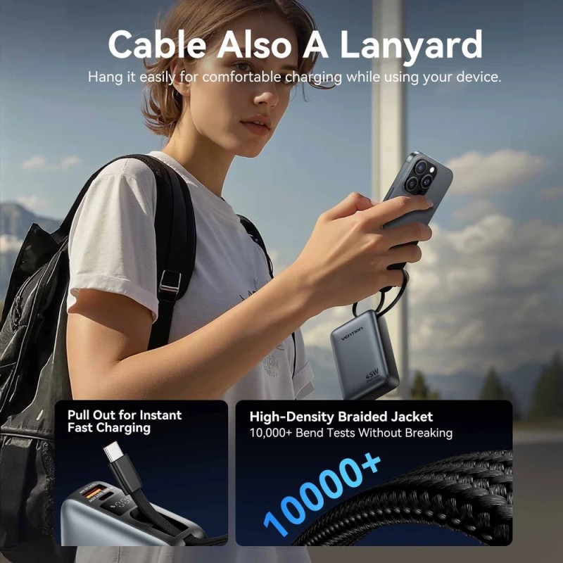 УМБ Vention 20000mAh 45W PD3.1, USB-A, USB-C In/Out, with Built-in USB-C cable Gray
